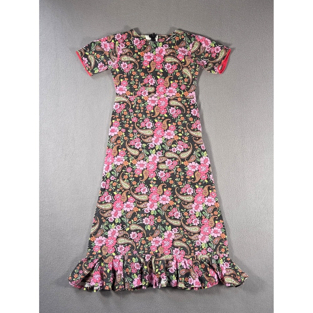 Vintage All That Jazz Floral Maxi Dress Womens Small Black Pink Paisley Ruffle